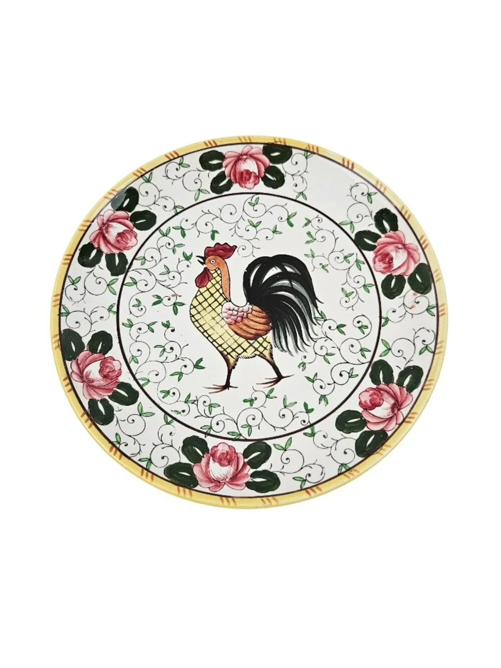 Early Provincial Dinner Plate Hand Painted Ceramic Rooster Roses UCAGCO Japan